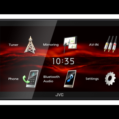 Ecrã digital JVC para automóveis com vários ícones e fundo preto e vermelho