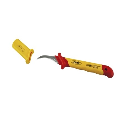 Faca de poda com cabo amarelo e vermelho e lâmina curva de aço inox