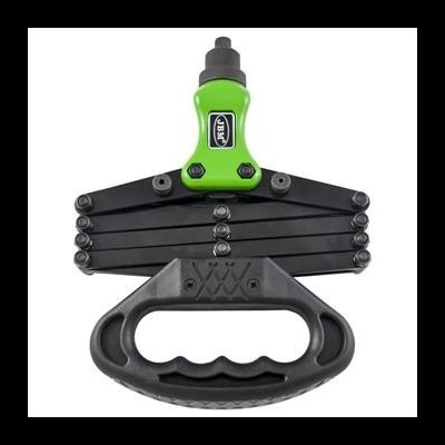 Ferramenta manual preta e verde com mecanismo metálico e cabo ergonómico