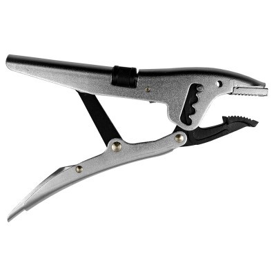 Alicate de pressão metálico prateado com garra dentada e parafuso ajustável.