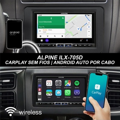 Sistema de infotainment automóvel ALPINE ILX-705D com ecrã táctil e conexão Android Auto e Apple CarPlay