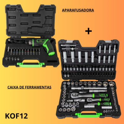 Conjunto de caixas de ferramentas pretas e verdes com aparafusadora e soquetes