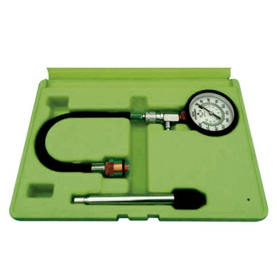 Medidor de pressão com mostrador e mangueira em estojo verde