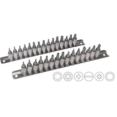 Conjunto de pontas de ferramenta variadas em suportes pretos