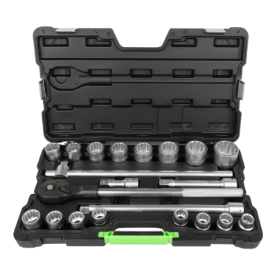 Conjunto de ferramentas com soquetes em caixa preta com pega verde