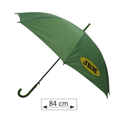 Guarda-chuva verde com logo JBM e cabo em gancho