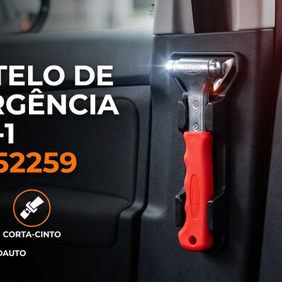 Martelo de emergência 2-em-1 JBM 52259 com cabo vermelho fixado na porta interior de carro