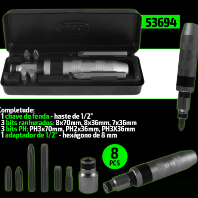 Conjunto de ferramentas com chave de fenda, bits e adaptador em caixa preta