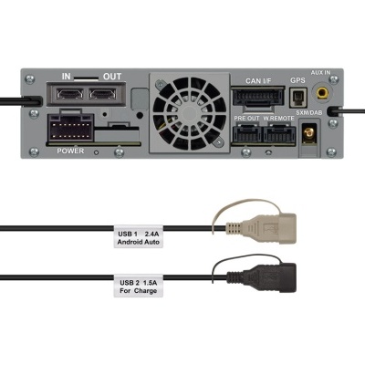 Dispositivo eletrónico cinzento com portas e cabos rotulados em fundo branco