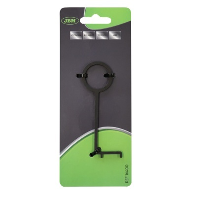 Suporte metálico preto em embalagem de cartão preto e verde com texto JBM e marcas de automóveis