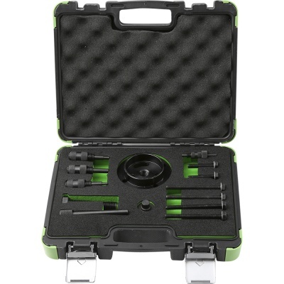 Estojo de ferramentas em plástico preto com espuma e bordas verdes