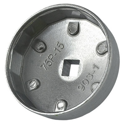 Chave de boca cilíndrica metálica prateada com inscrições no interior