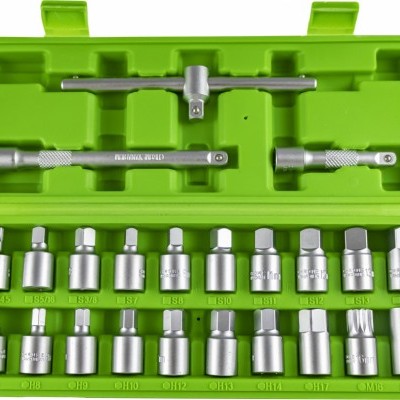 Estojo verde com conjunto de chaves soquetes de aço cromado e adaptadores
