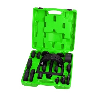 Conjunto de ferramentas em caixa plástica verde com peças pretas