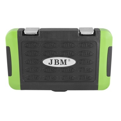 Estojo para ferramentas da marca JBM preto e verde com fechos metálicos