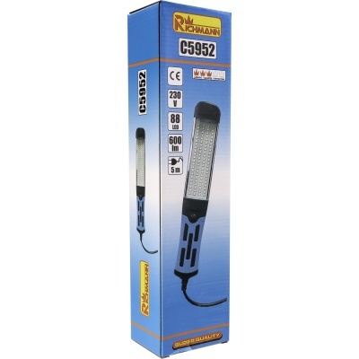 Caixa azul com lâmpada LED portátil preta e azul e texto técnico