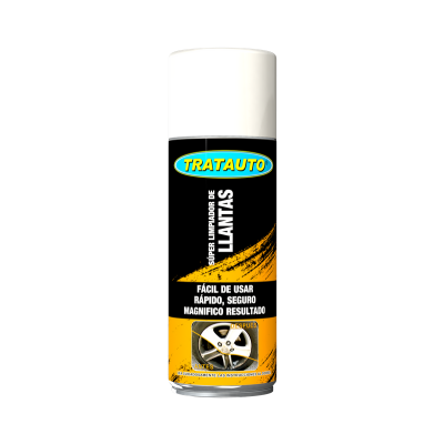 Frasco spray preto e amarelo TRATAUTO para limpeza de jantes com tampa branca
