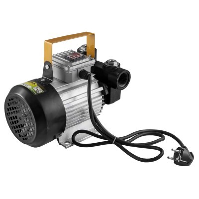 Bomba elétrica portátil metálica prateada com alça amarela e cabo preto.