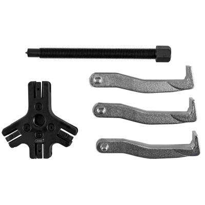 Conjunto de ferramentas para desmontagem de rodas, peças metálicas cinzentas e peça preta de plástico