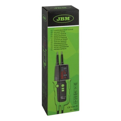 Caixa verde e preta com testador de tensão JBM, texto e imagem do dispositivo
