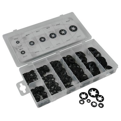 Estojo transparente com borrachas de vedação pretas organizadas em compartimentos e rótulos no interior da tampa