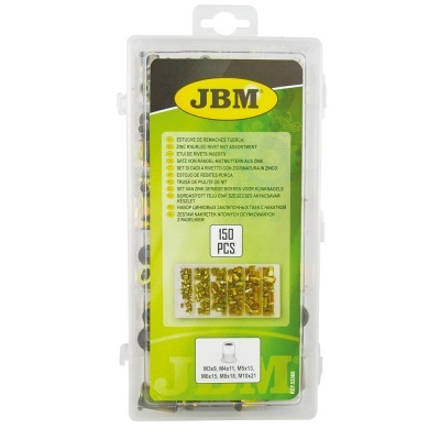 Caixa de rebites metálicos dourados JBM em embalagem transparente com rótulo verde.