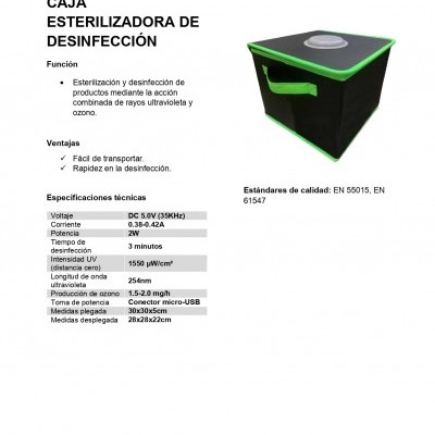 Caixa esterilizadora de desinfecção preta com detalhes verdes e botão branco no topo