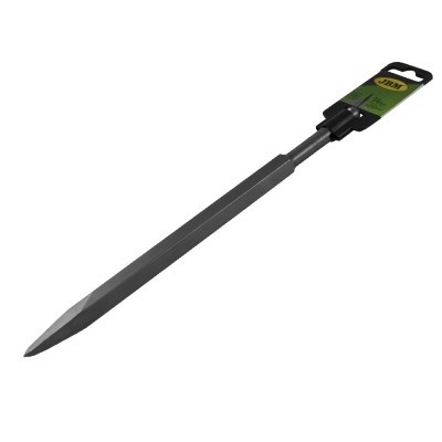 Estaca de jardim metálica cinza com etiqueta verde e preta