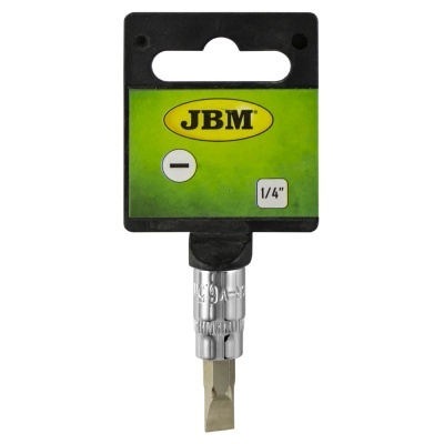 Chave de fenda JBM com cabo metálico e ponta chata em embalagem verde e preta