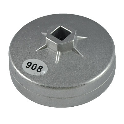 Tampa metálica redonda prateada com etiqueta 908