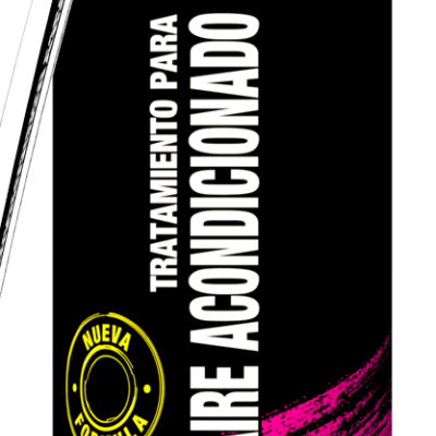 Spray preto com rótulo TRATAUTO e instruções para ar condicionado automóvel