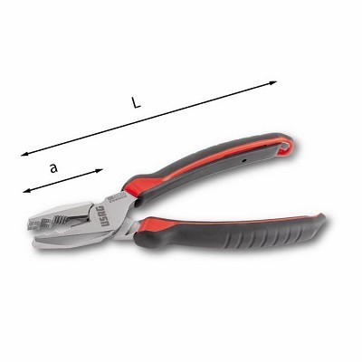 Alicate USAG com cabos preto e vermelho e corpo metálico em fundo branco