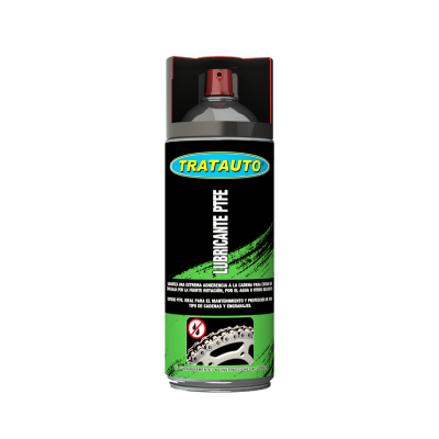 Spray lubrificante PTFE TRATAUTO com design preto e verde e tampa preta