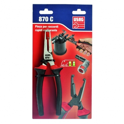 Embalagem vermelha e azul com alicate preto e cinza e texto em italiano