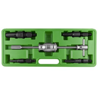 Conjunto de ferramentas de extração em estojo verde com cabo metálico e adaptadores pretos