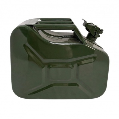 Recipiente metálico verde escuro para combustível com tampa