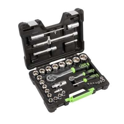 Conjunto de ferramentas de soquetes metálicos com cabo de catraca preto e verde