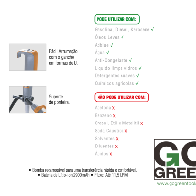 Garrafa plástica branca com tampa laranja, instruções de uso e lista de produtos compatíveis e não compatíveis ao lado, logo GO GREEN
