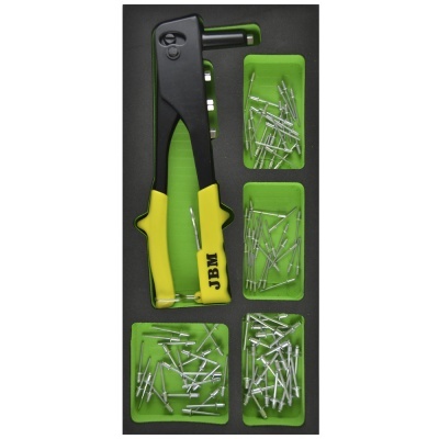Kit de rebitador com rebites metálicos em embalagem preta e verde
