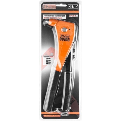 Ferramenta de rebitar manual laranja e preta em embalagem plástica transparente com texto em polaco