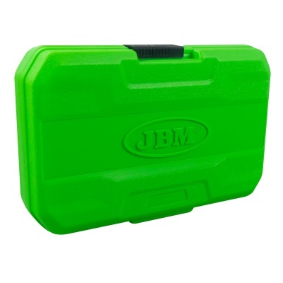 Estojo plástico verde com logotipo JBM em relevo