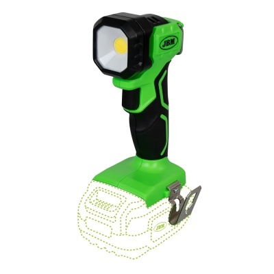 Lanterna manual a bateria verde e preta da marca JBM com luz LED e suporte metálico