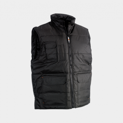 Colete preto acolchoado com bolsos frontais e fecho de correr