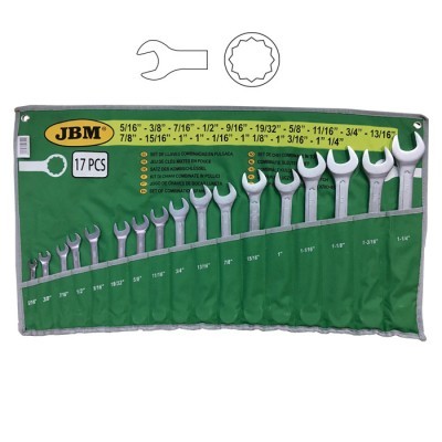 Conjunto de 17 chaves combinadas em bolsa verde com tamanhos impressos