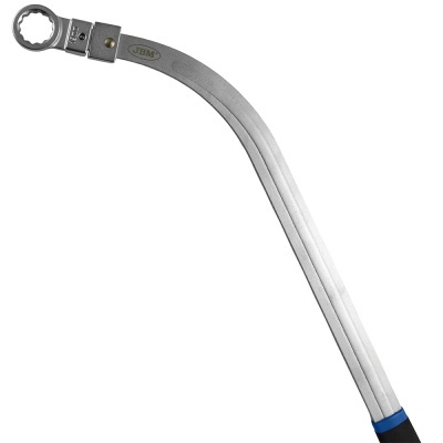 Ferramenta metálica curva com cabo preto e azul e cabeça circular dentada.