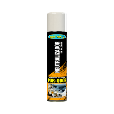 Spray neutralizador de odores TrATAUTO com tampa branca e etiqueta preta, amarela e azul