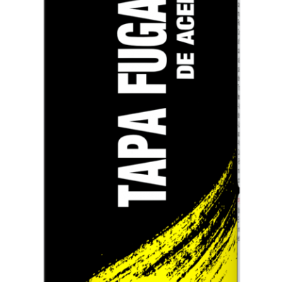 Frasco preto com tampa branca do produto TRATAUTO TAPA FUGAS DE ACEITE com rótulo em preto, amarelo e vermelho.
