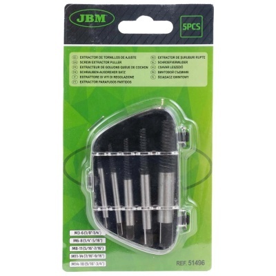 Conjunto de 5 extratores de parafusos em embalagem verde e preta JBM