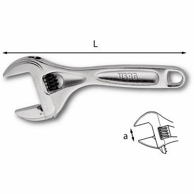 Chave inglesa ajustável metal prateado com marcação WGGL e desenho técnico