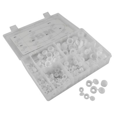 Caixa transparente aberta com espaçadores e anilhas brancas organizados em compartimentos